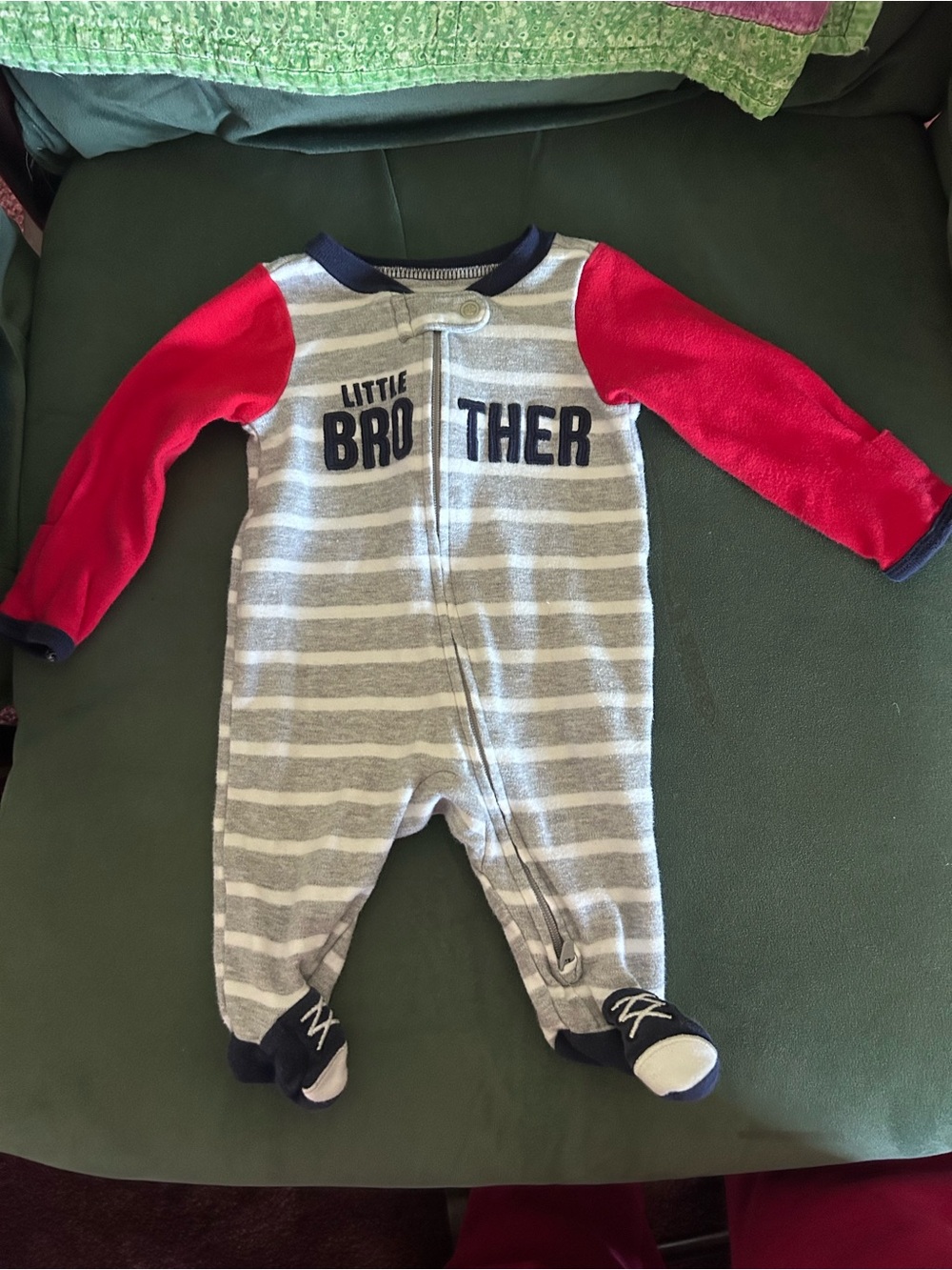 Carter's Gray & Red Striped 'Little Brother' Footed One-Piece